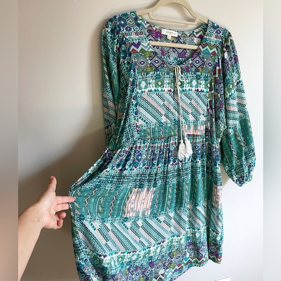 Umgee Dresses & Skirts - Multicolored Teal Boho Print Peasant Dress with Tassel Tie by Umgee Cruise Wear